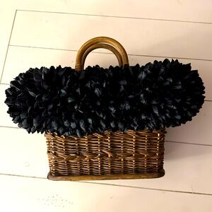 Gretchen Scott Basket With Black Flower Trim Wicker purse Tote